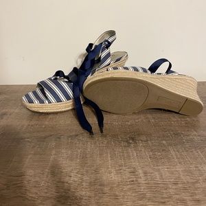 Blue and White size 10 ankle wrap sandals